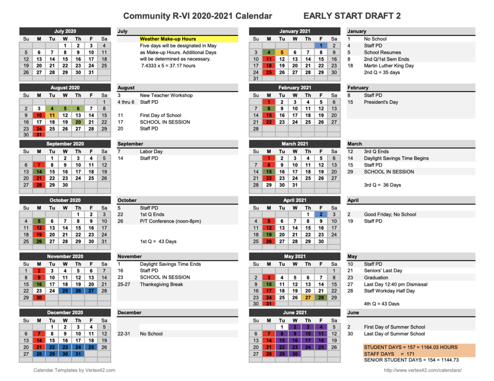 Covid Early Start Calendar