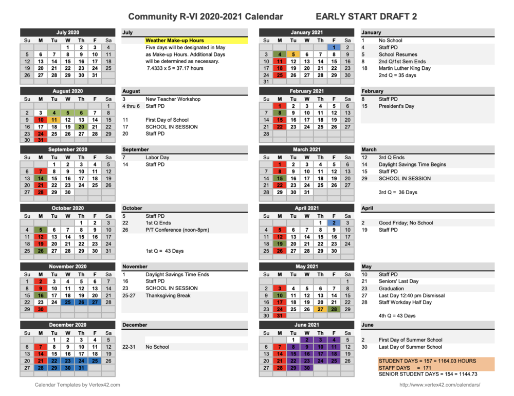 Covid Early Start Calendar COMMUNITY RVI SCHOOL DISTRICT