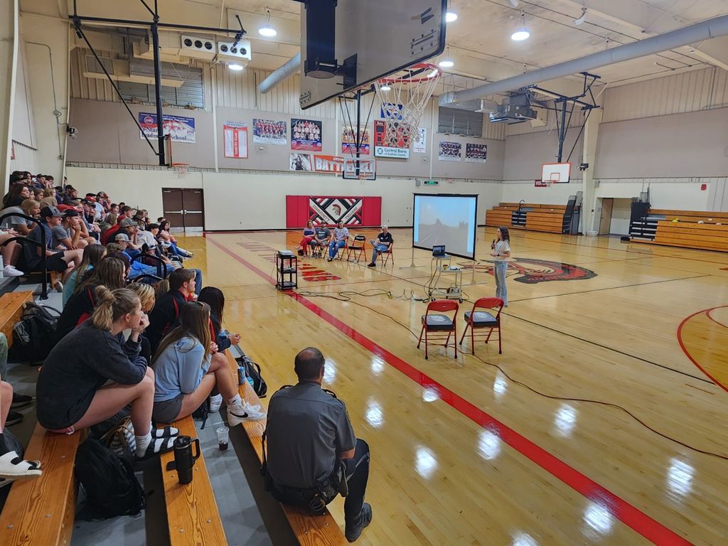 Today our 9th-12th graders attended a ThinkFirst Assembly.  The ThinkFirst National Injury Prevention Foundation's educational programs are aimed at helping people - especially those at high risk: children, teens, and young adults - learn to reduce their risk for injury. This compelling presentation explained how an injury can change a person's life forever and how important it is to make safe choices. Their message was: Use your mind to protect your body! Drive safely, buckle up, wear protective sports gear, avoid violence, don't dive into shallow water, and avoid falls. Think first!